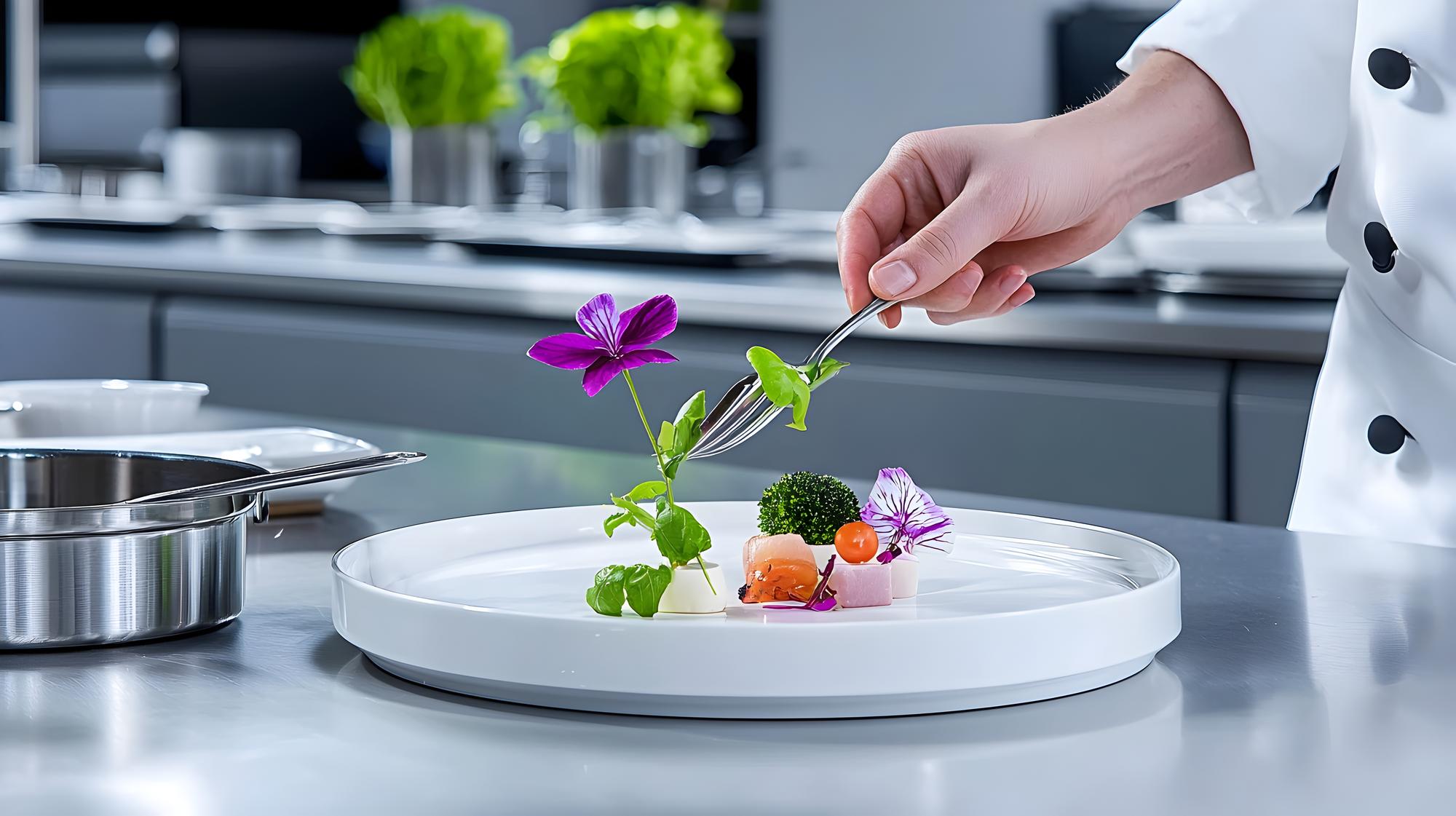 modern kitchen workstation with plated food